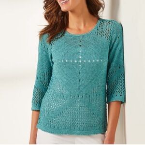 Soft Surroundings crochet bohemian Open-Knit bell sleeve Sweater Women LG NWT
